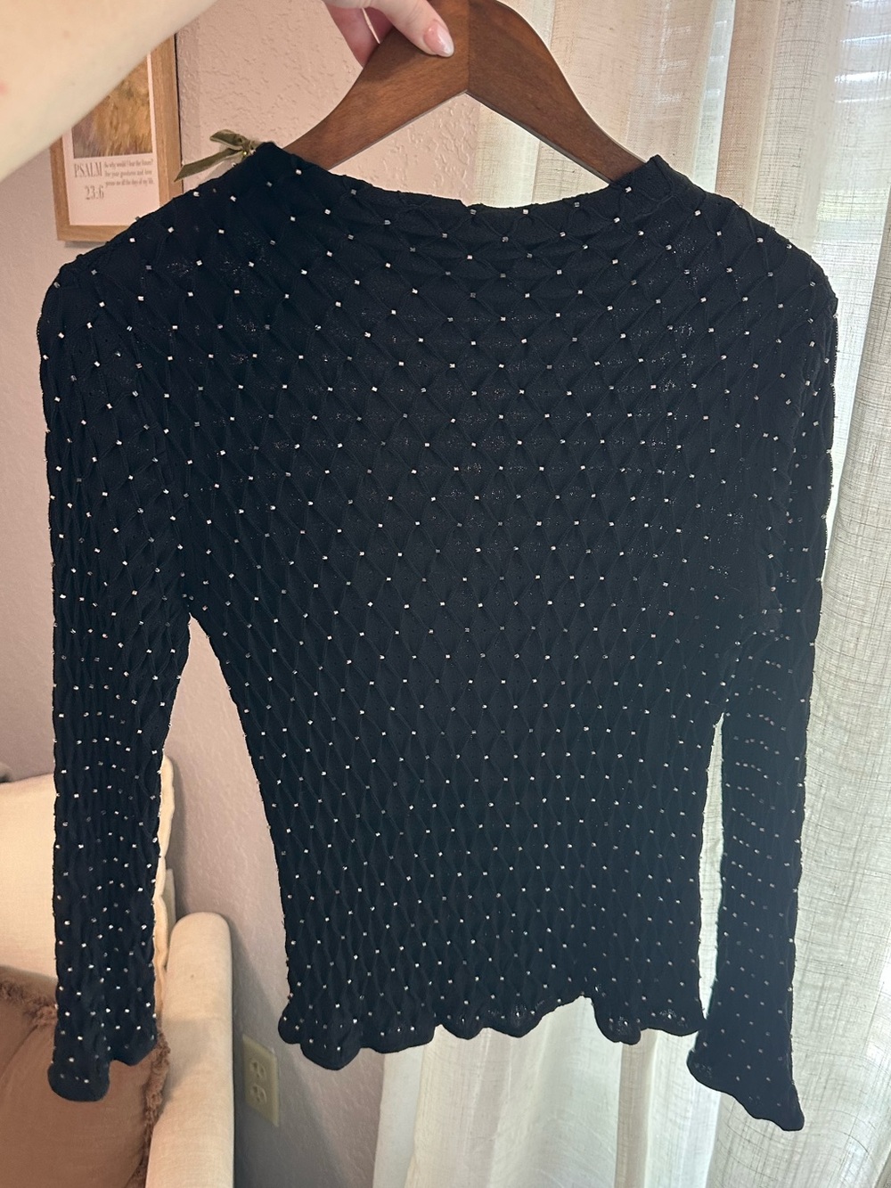 Y2K Sigrid Olsen Black Long-Sleeve Textured Knit Top with Metallic Dots